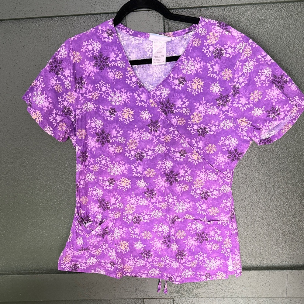 Purple Snowflake Print Scrub Top